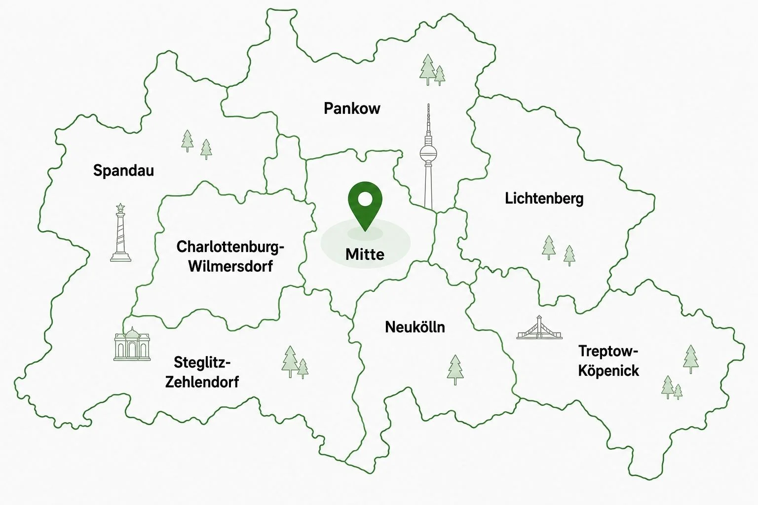 Karte der Berliner Bezirke mit Markierung – Einsatzgebiet des KFZ Sachverständigen