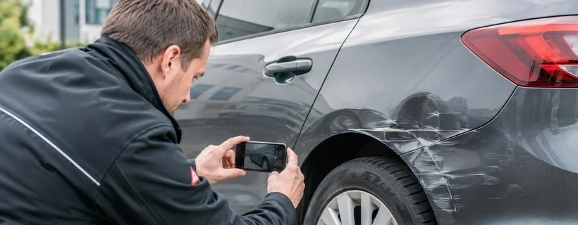 Schadenaufnahme vor Ort: Fahrzeugschaden wird fotografiert