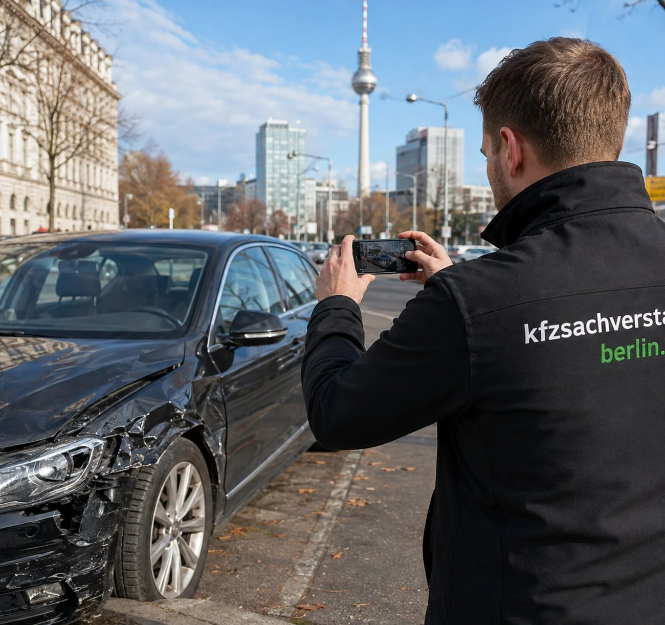 Unabhängiger KFZ Sachverständiger dokumentiert einen Unfallschaden in Berlin